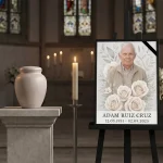 placa para lápida con foto personalizada expuesta en atril durante funeral