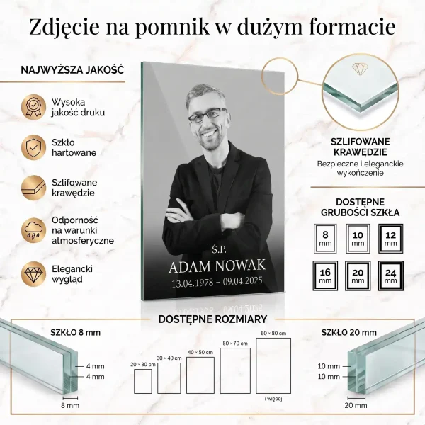 duże zdjęcie na pomnik, tablica nagrobkowa szklana ze szkła hartowanego