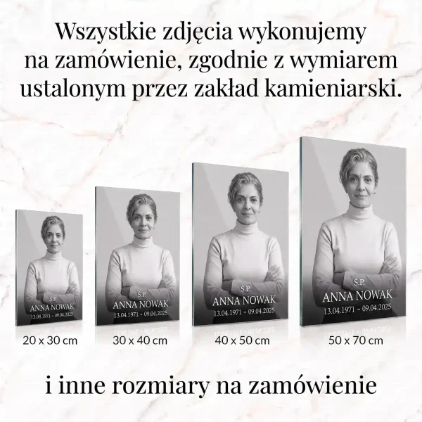 duże zdjęcie na pomnik, panel szklany na nagrobek z fotografią i napisem