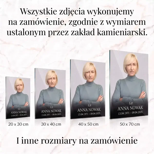 duże zdjęcie na pomnik, szklana tablica na nagrobek z fotografią zmarłej
