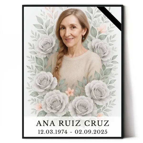 Foto personalizada para lápida con retrato del difunto y motivo floral