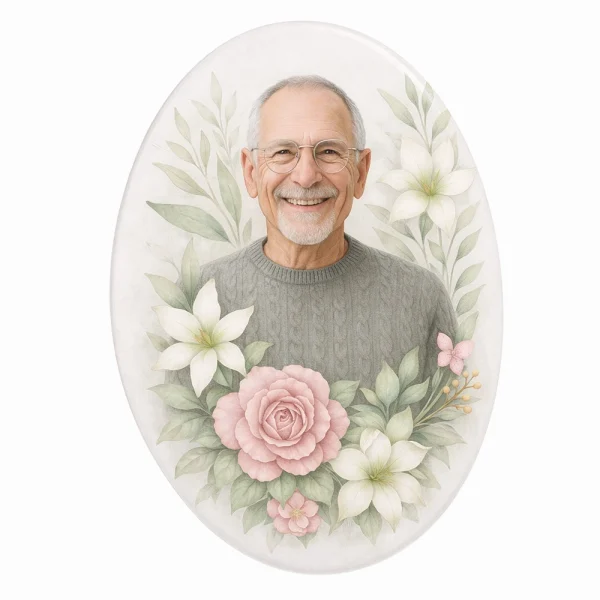 Fotocerámica oval con retrato masculino y flores para lápida