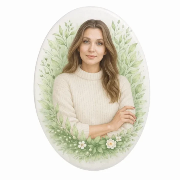 Fotocerámica oval con retrato de mujer y decoración floral verde
