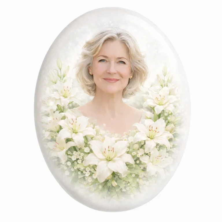 Fotoceramika nagrobna owalna z portretem i liliami fotoceramika nagrobna, zdjęcie na porcelanie z motywem lilii