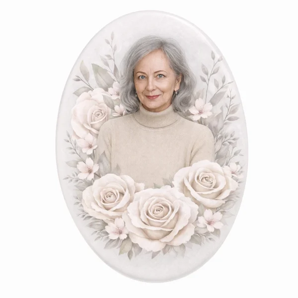 fotoceramika nagrobna, owalne zdjęcie na porcelanie z motywem róż