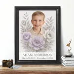 Custom memorial portrait made from photo with floral design in a black frame
