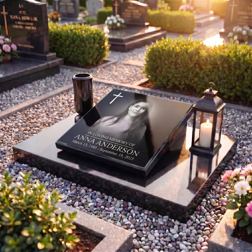 Glass grave plaque with engraved photo, name and dates on headstone