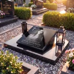 Glass grave plaque with engraved photo, name and dates on headstone