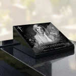 glass photo plaque for grave with engraved name and dates