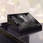 Glass photo plaque for grave with portrait and floral engraving