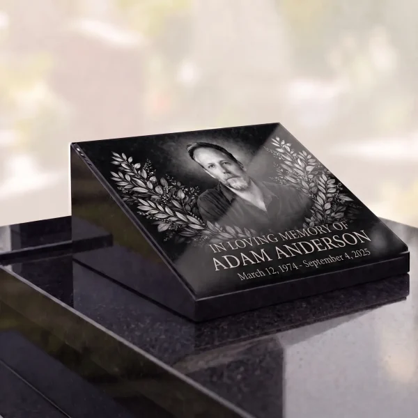 Glass photo plaque for grave with portrait and floral engraving