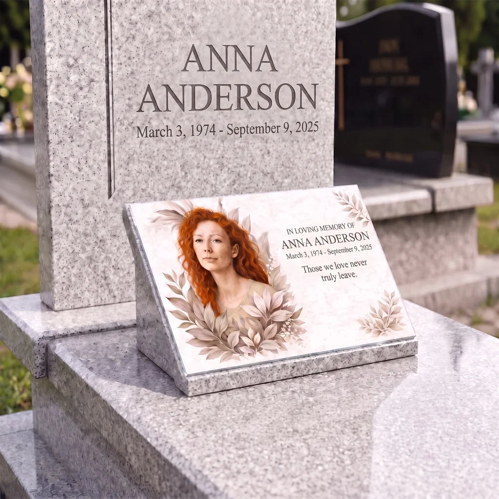Glass photo plaque for grave with portrait and personalized nameplate on headstone