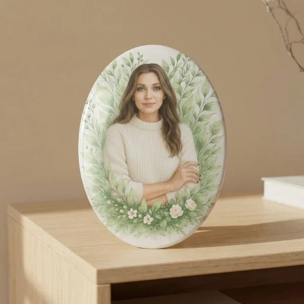 Oval glass photo plaque for grave with floral memorial panel design