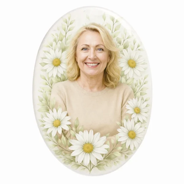 glass photo plaque for grave with daisy flower frame