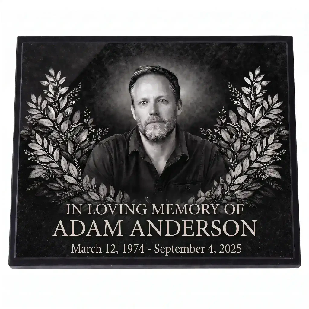 glass photo plaque for grave with portrait and name and dates