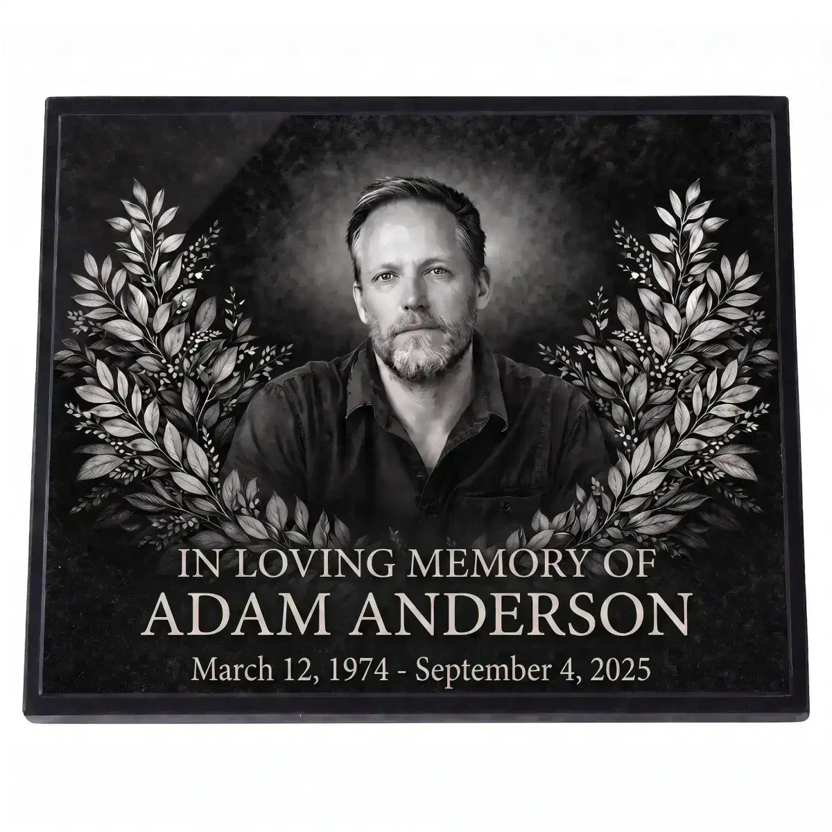 glass photo plaque for grave with portrait and name and dates