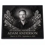 glass photo plaque for grave with portrait and name and dates