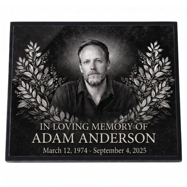 glass photo plaque for grave with portrait and name and dates