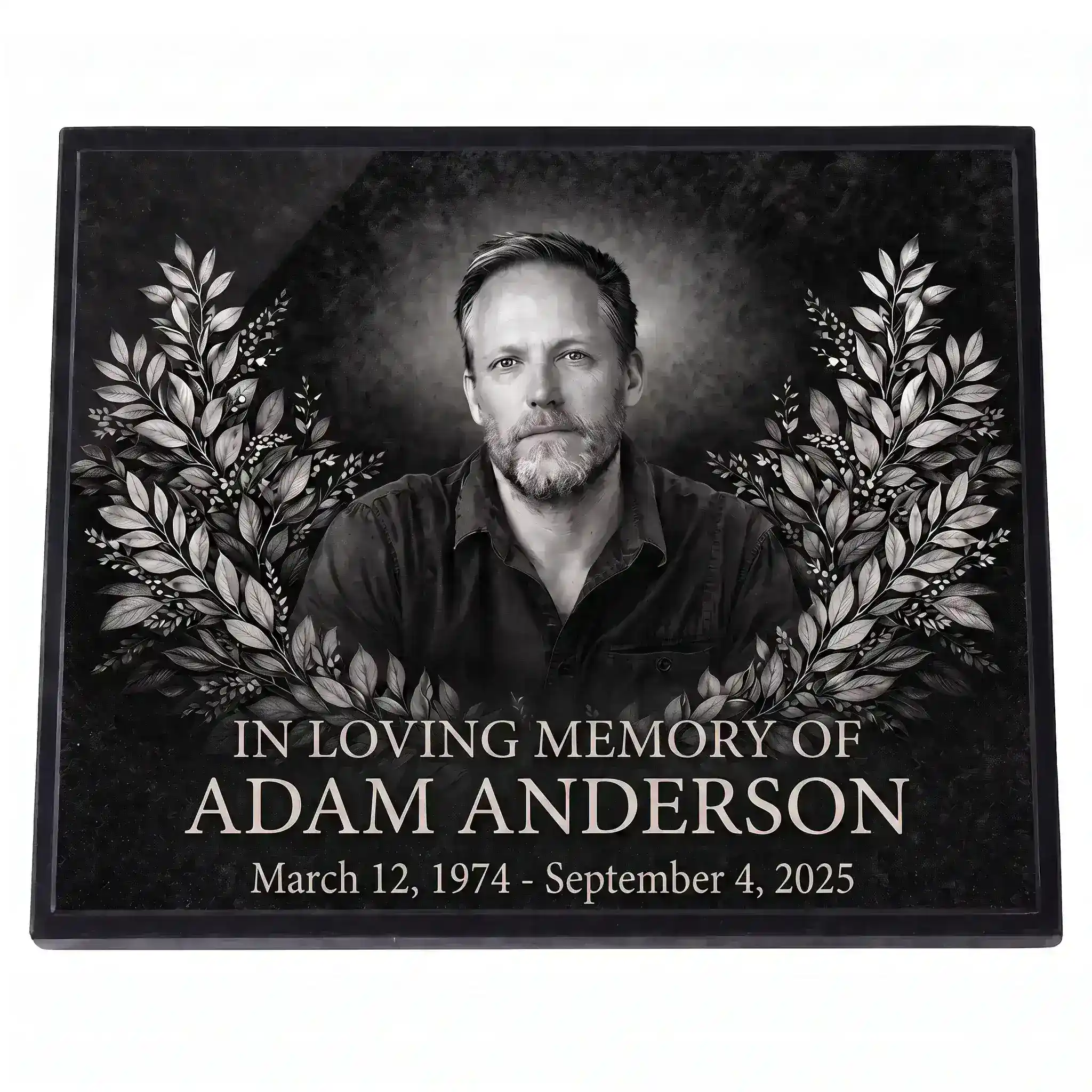 Glass Photo Plaque for Grave with Engraved Portrait glass photo plaque for grave with portrait and name and dates