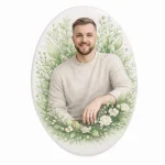 glass photo plaque for grave with oval portrait and floral wreath