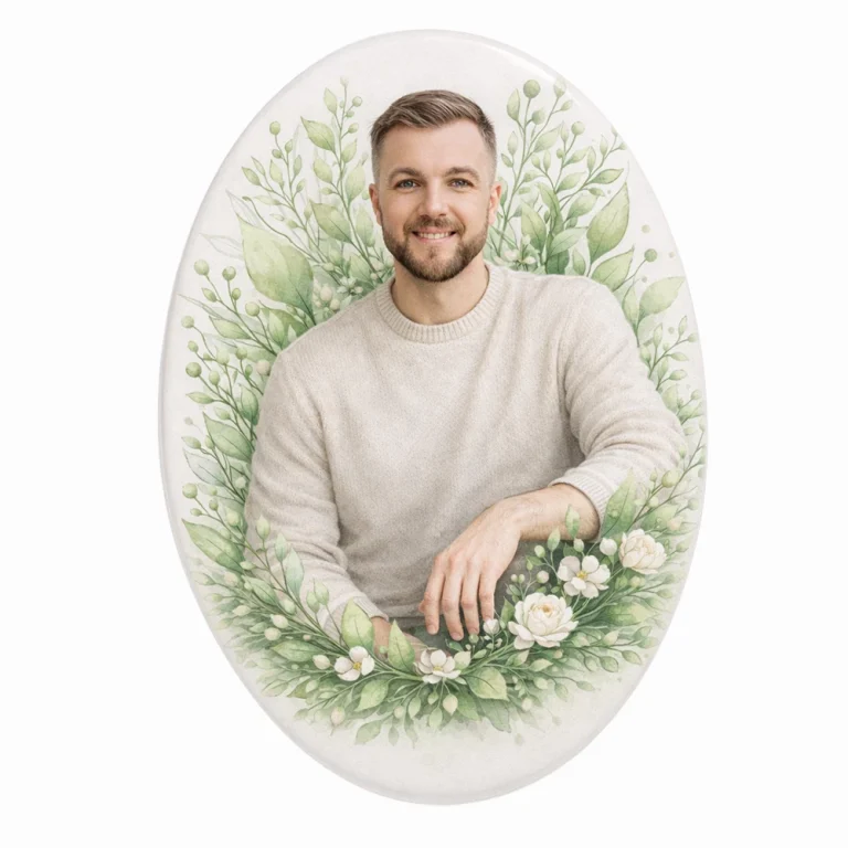 Glass Photo Plaque for Grave with Floral Design glass photo plaque for grave with oval portrait and floral wreath