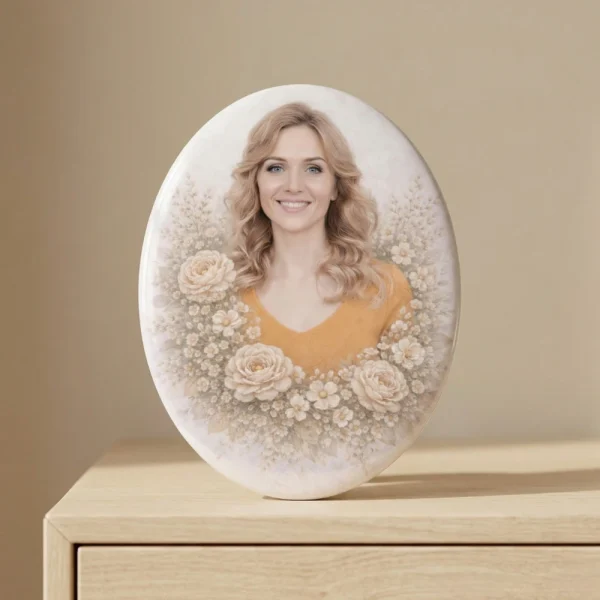 oval glass photo plaque for grave with rose floral border