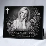 glass photo plaque for grave with engraved portrait and name