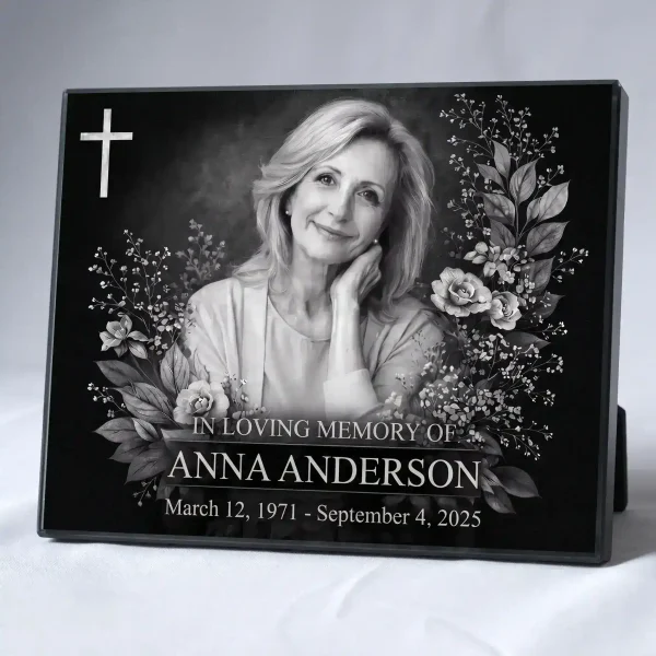 glass photo plaque for grave with engraved portrait and name
