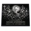 Glass memorial panel with engraved portrait, name and dates for headstone