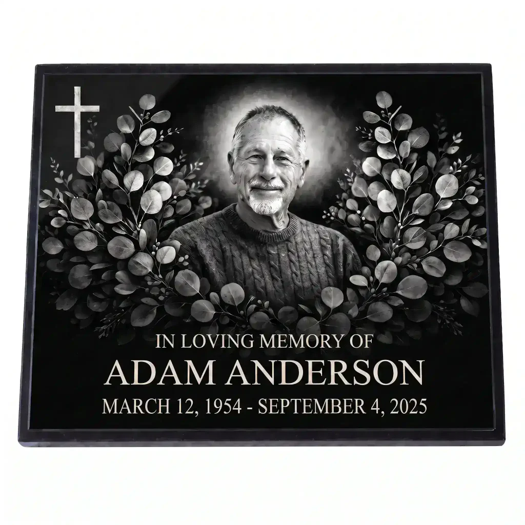 Glass memorial panel with engraved portrait, name and dates for headstone