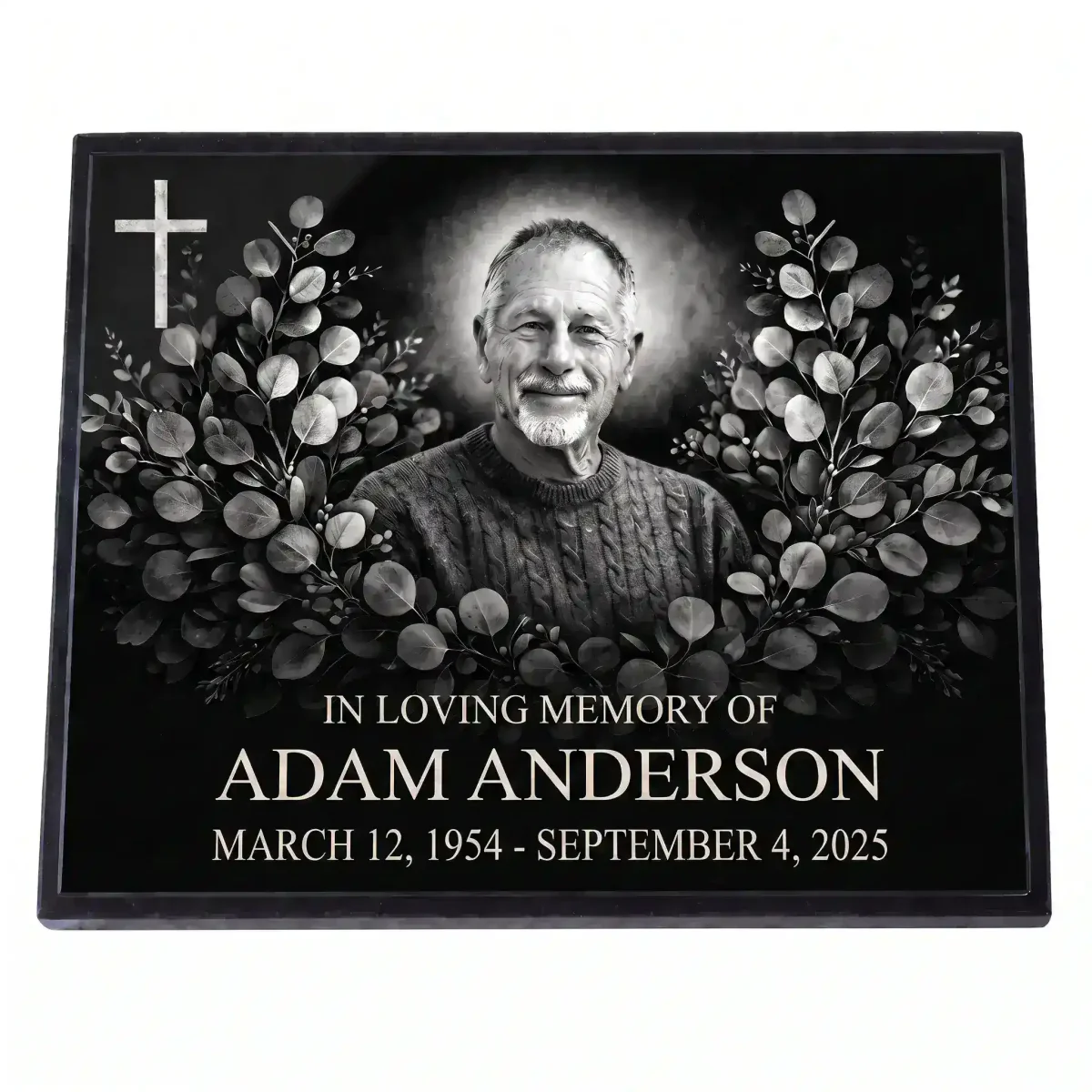 Glass memorial panel with engraved portrait, name and dates for headstone