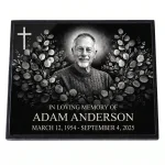 Glass memorial panel with engraved portrait, name and dates for headstone