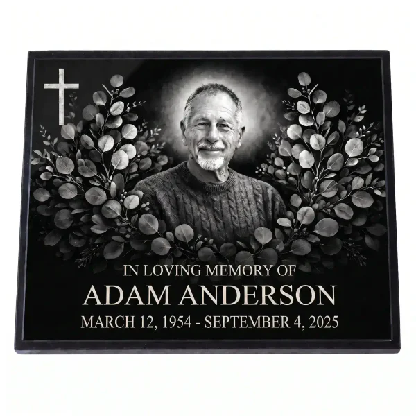 Glass memorial panel with engraved portrait, name and dates for headstone