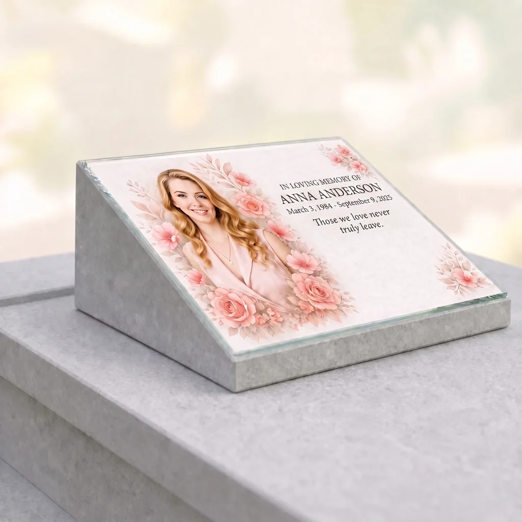 glass memorial panel with photo, name and dates on headstone
