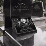 Glass memorial panel with portrait photo, name and dates for headstone