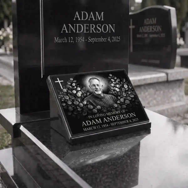Glass memorial panel with portrait photo, name and dates for headstone