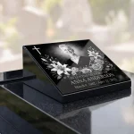 Glass memorial panel with engraved portrait, cross and name for headstone