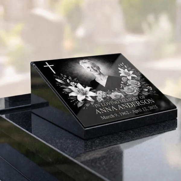 Glass memorial panel with engraved portrait, cross and name for headstone