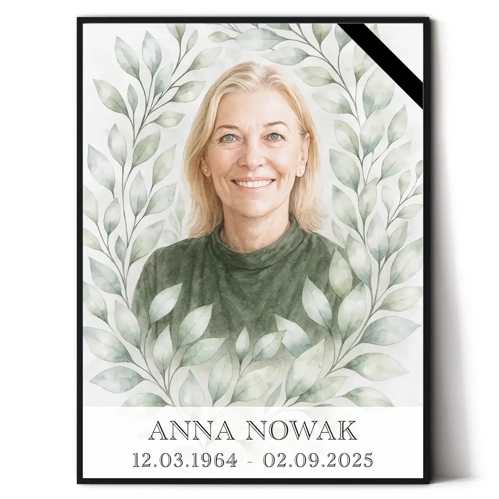 portret nagrobny ze zdjęcia z motywem roślinnym, imieniem i datami zmarłej
