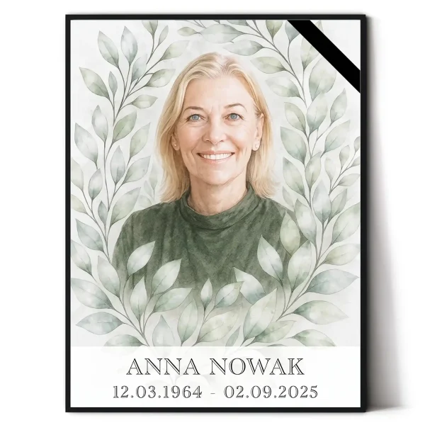 portret nagrobny ze zdjęcia z motywem roślinnym, imieniem i datami zmarłej