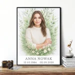 Personalizowana tablica na pomnik z portretem kobiety w wieńcu z liści