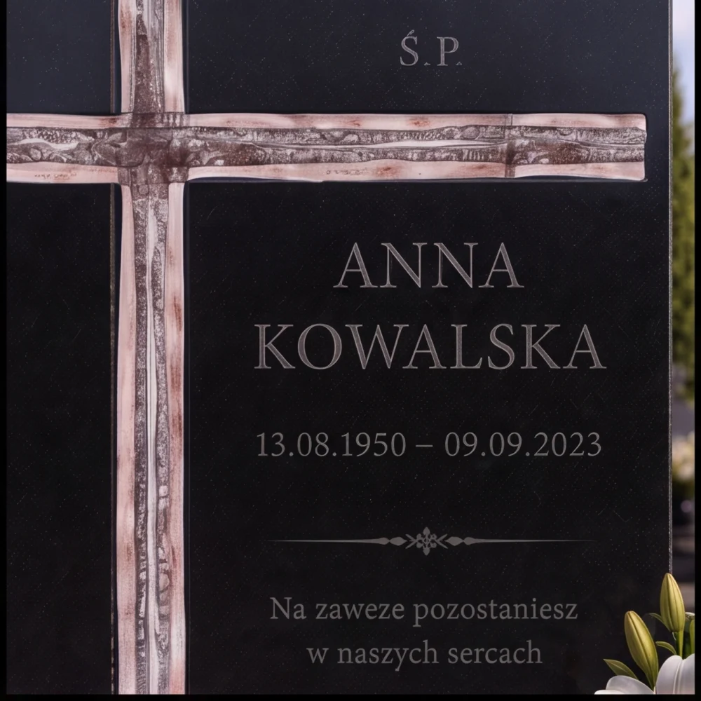 Krzyż asymetryczny na pomniku granitowym z grawerowanym napisem