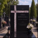 Krzyż asymetryczny na pomniku z czarnego granitu