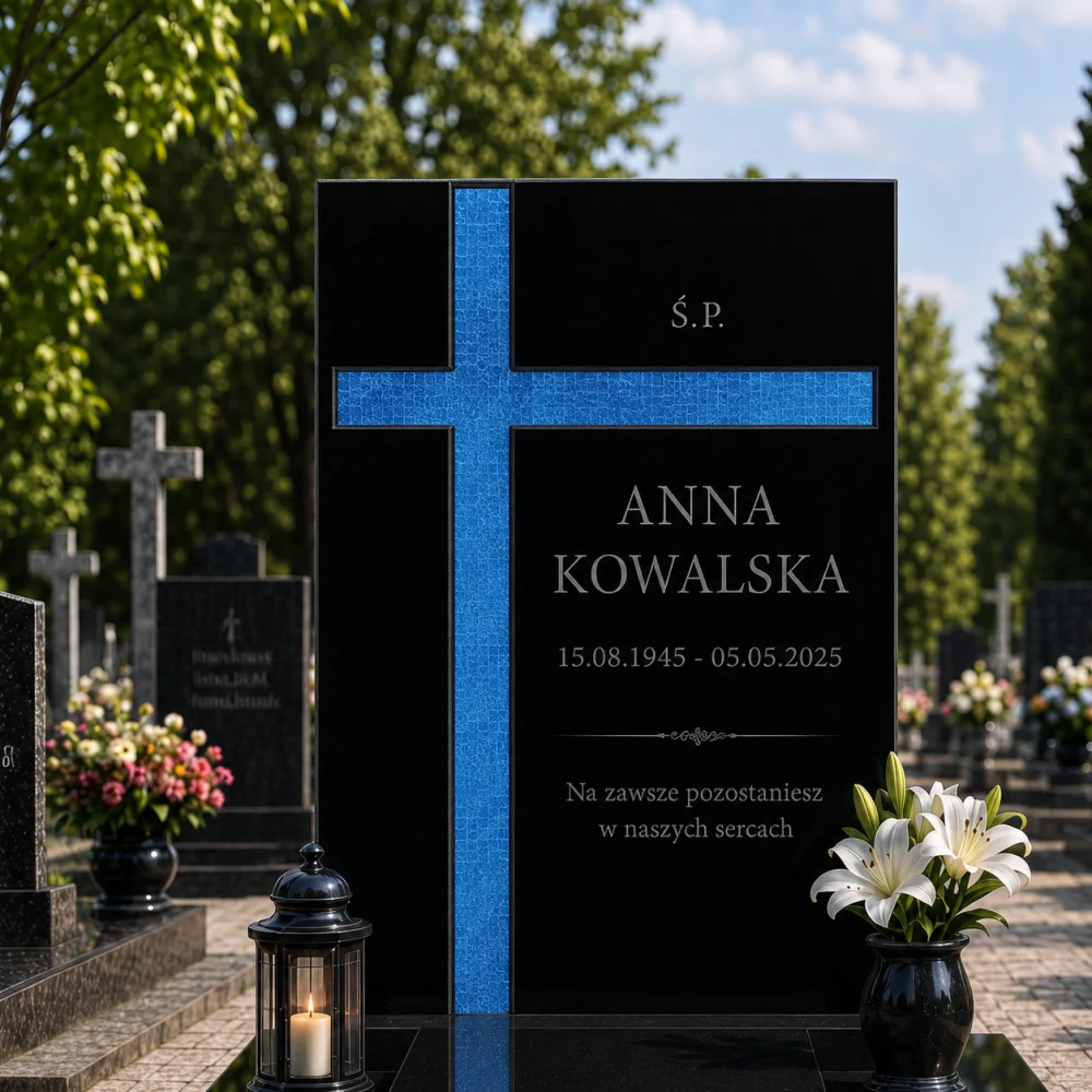 Krzyż asymetryczny ze szkła fusingowego na czarnym pomniku granitowym