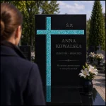 Krzyż asymetryczny na pomniki z turkusowego szkła fusingowego na czarnym granicie
