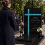 Szklany krzyż fusingowy w kolorze turkusowym na czarnym granitowym nagrobku