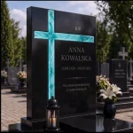 Krzyż asymetryczny ze szkła fusingowego osadzony na czarnym pomniku granitowym
