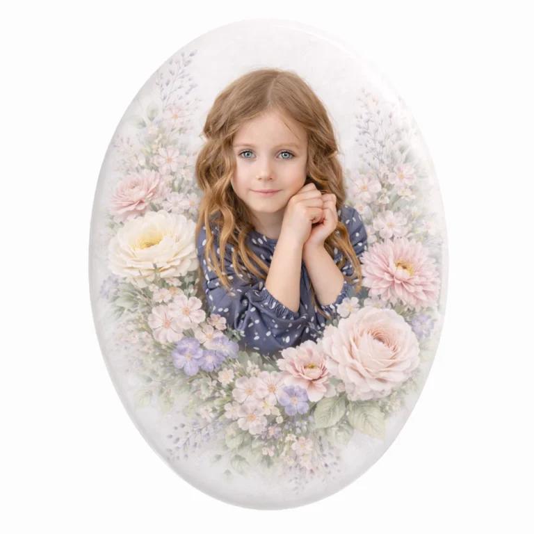 Lápida infantil con fotocerámica ovalada y flores monumento para tumba de niño con fotocerámica ovalada de niña con flores