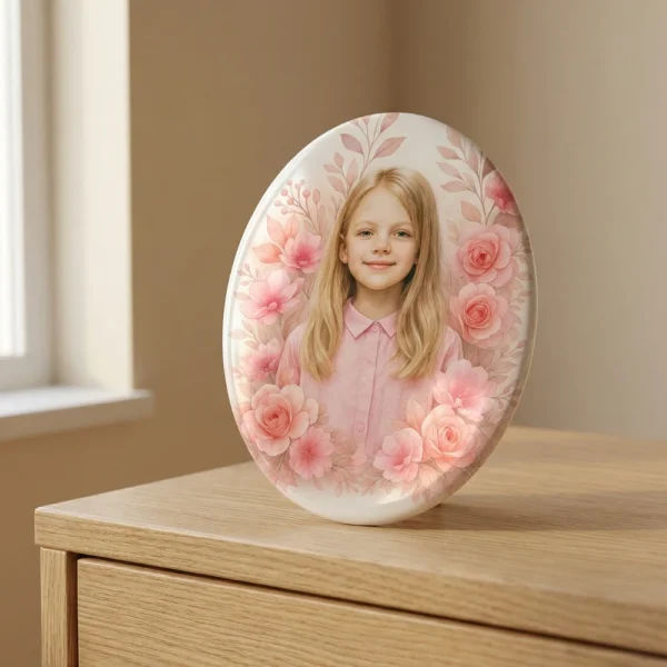 Memorial for child's grave with floral portrait photo ceramic