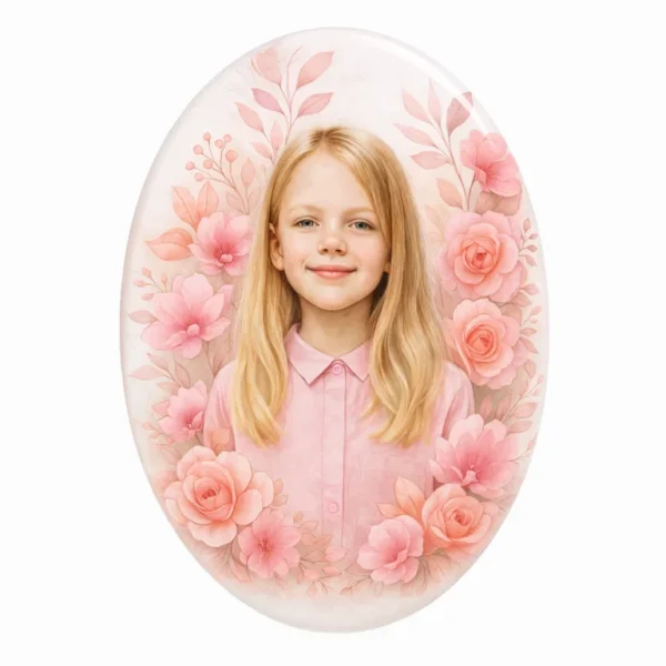 children's headstone photo plaque with pink floral portrait design
